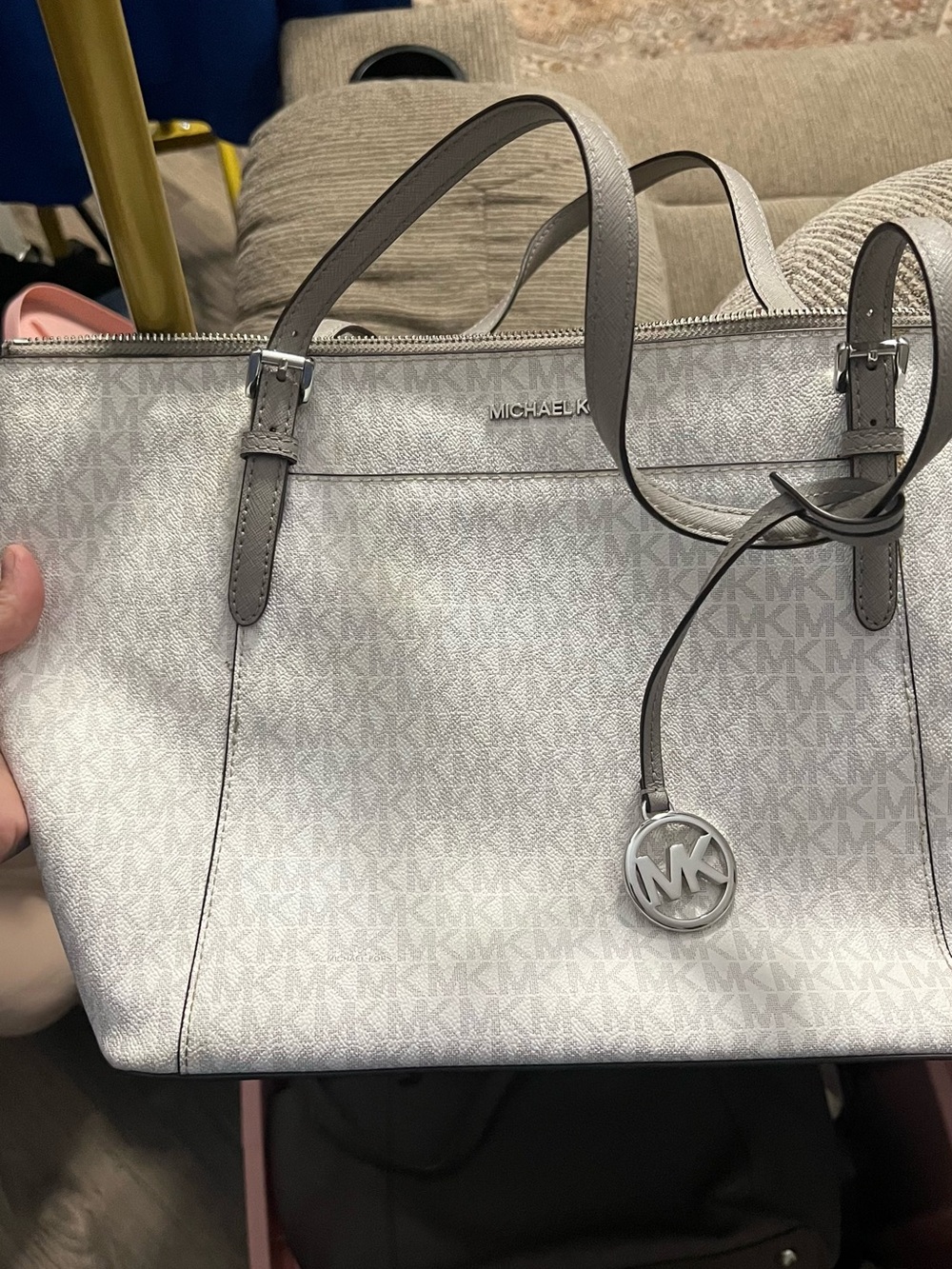Michael Kors Light Silver Logo Tote with MK Charm